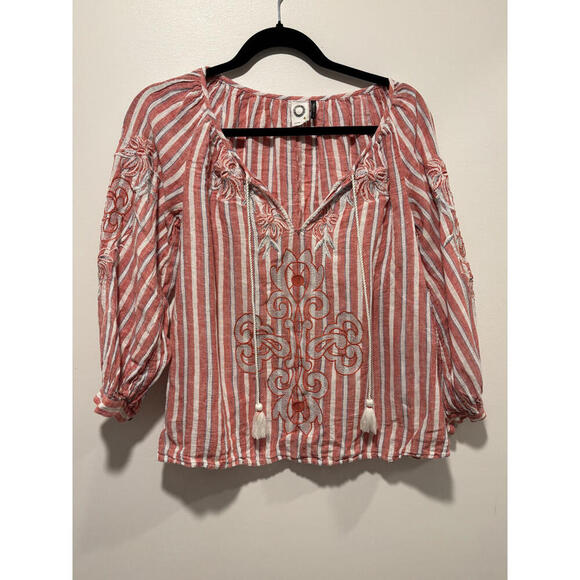 Anthropologie Tops - Anthropologie Striped Embroidered Boho Blouse Tassels XS